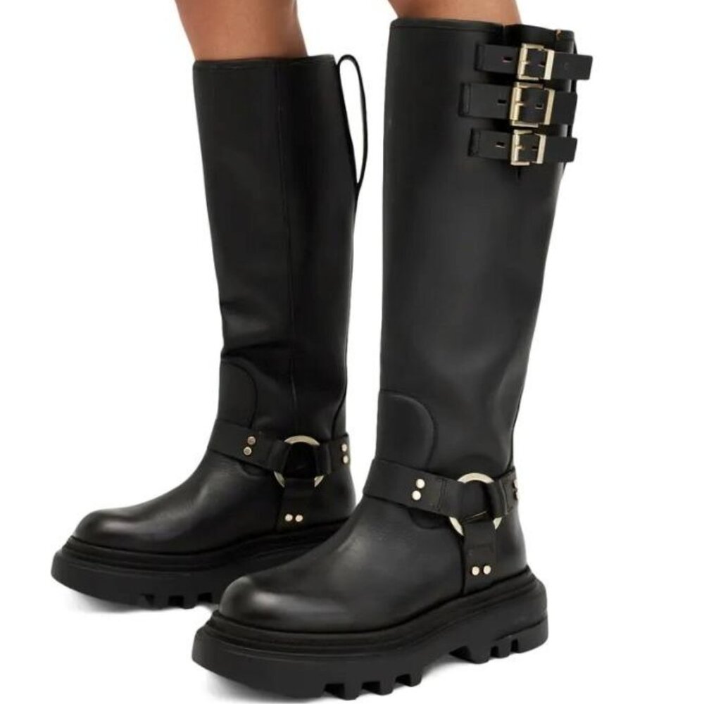 AllSaints Black Leather Combat Moto Knee Boots with Buckles
